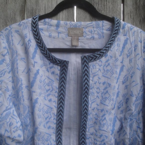 SOLD Chico’s Jacket Embroidered Blue-White Ribbon Trim Open Style Large - Picture 3 of 5